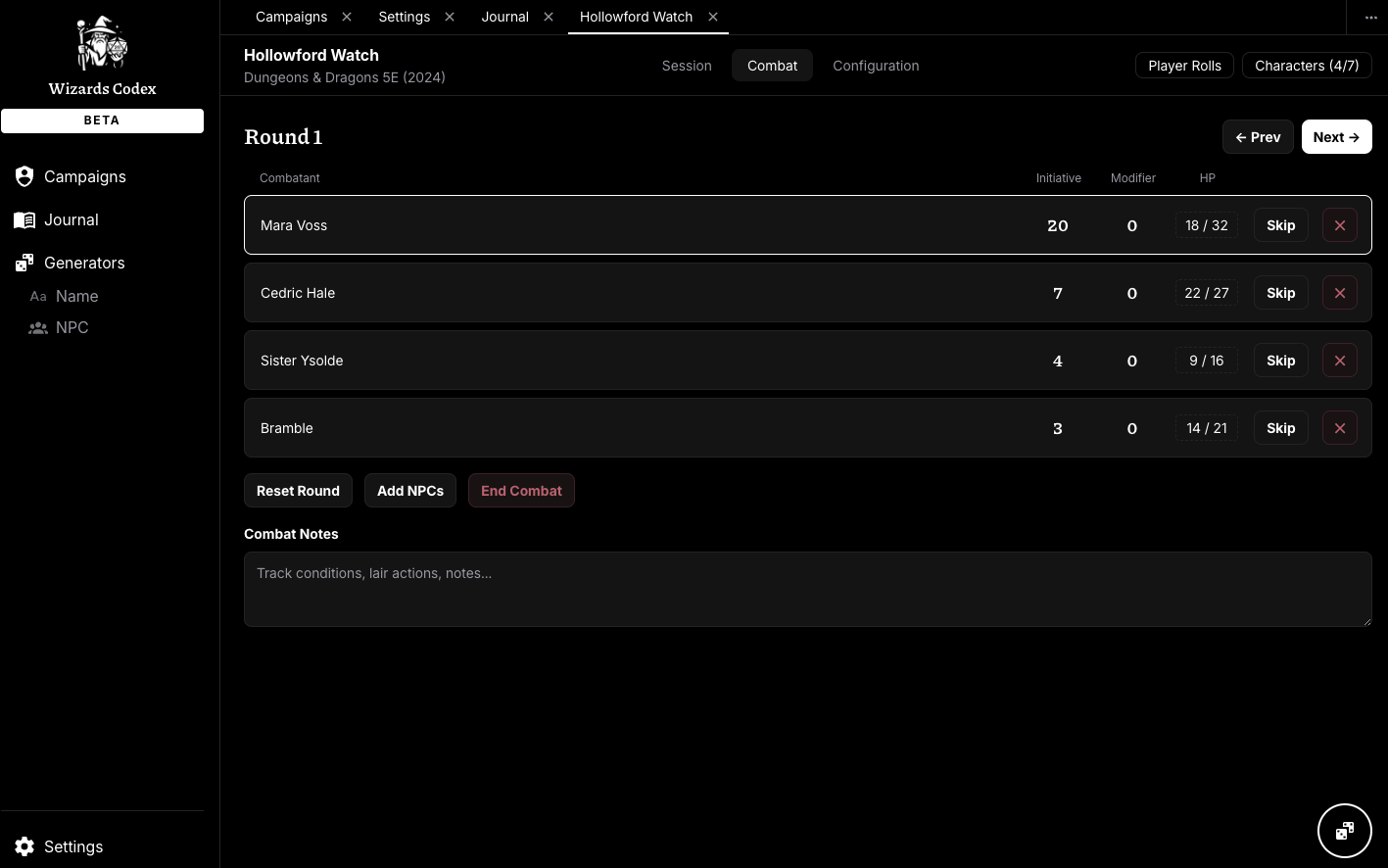 The DM web app showing a live initiative order and session notes.